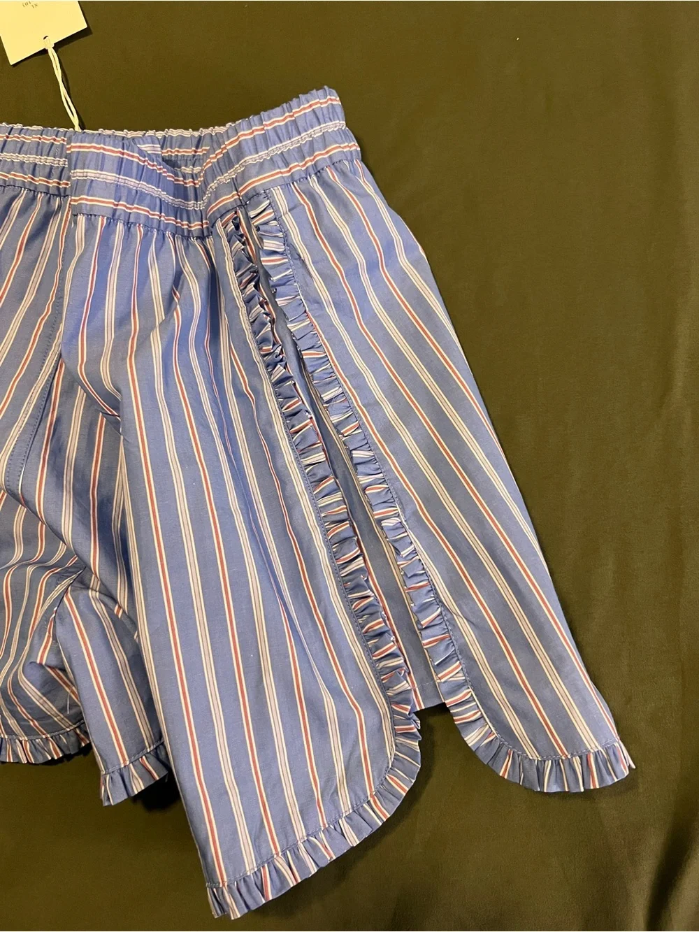Light Blue Striped Women’s Elastic Waist Shorts with Ruffle Trim Size XL
